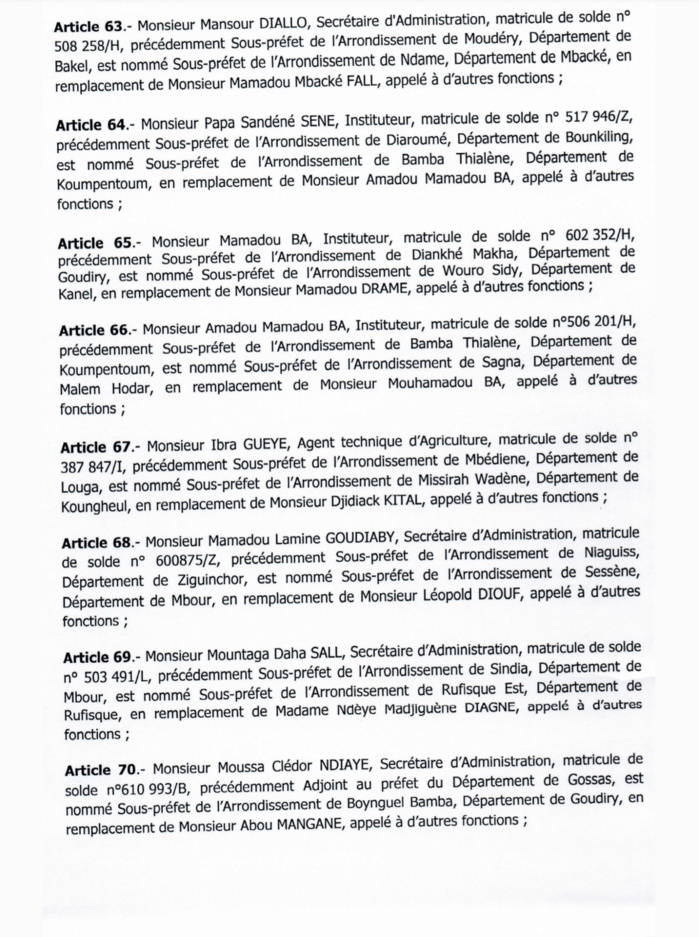 SÉNÉGAL : Décrets portant nomination d'Adjoints au Préfet et de Sous-préfets (DOCUMENTS) SÉNÉGAL : Décrets portant nomination d'Adjoints au Préfet et de Sous-préfets (DOCUMENTS)