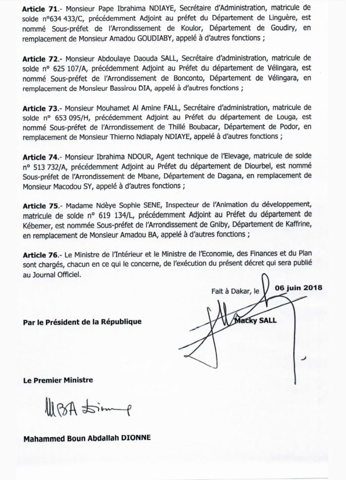 SÉNÉGAL : Décrets portant nomination d'Adjoints au Préfet et de Sous-préfets (DOCUMENTS)