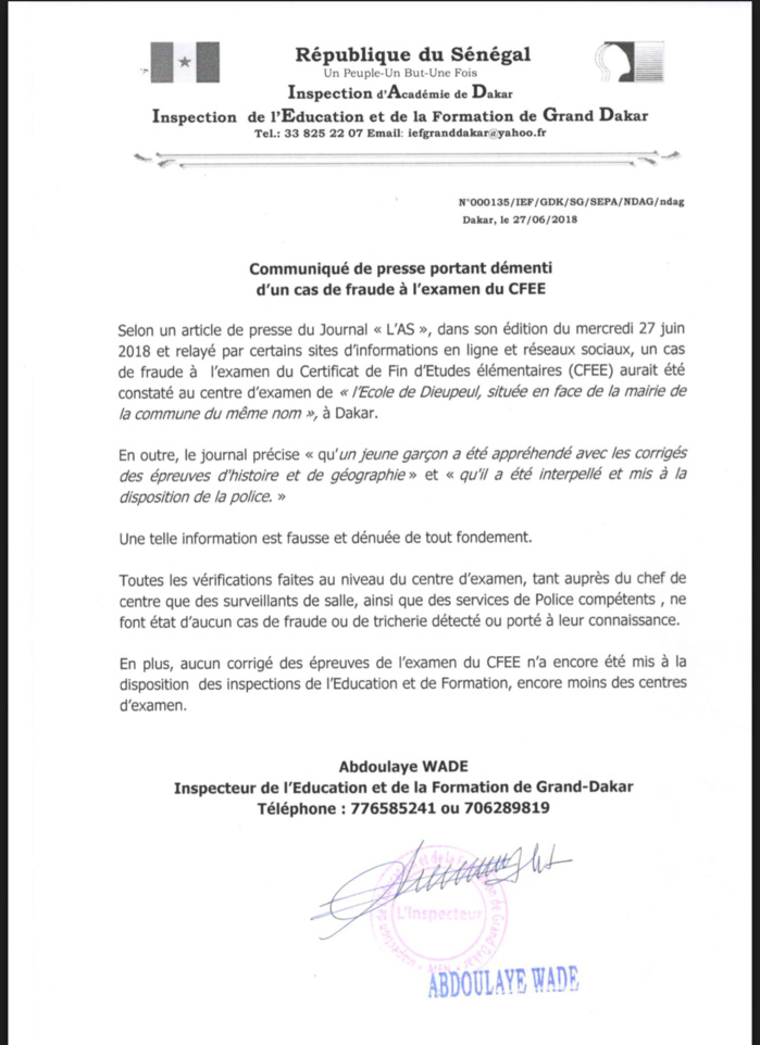 Supposée fraude à l’examen du CFEE : le ministère de l’Eduction nationale dément (DOCUMENT) Supposée fraude à l’examen du CFEE : le ministère de l’Eduction nationale dément (DOCUMENT)