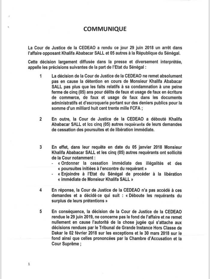 DÉCISION RENDUE PAR LA CEDEAO SUR L’AFFAIRE KHALIFA SALL : Les précisions des avocats de l’Etat du Sénégal (DOCUMENT) DÉCISION RENDUE PAR LA CEDEAO SUR L’AFFAIRE KHALIFA SALL : Les précisions des avocats de l’Etat du Sénégal (DOCUMENT)