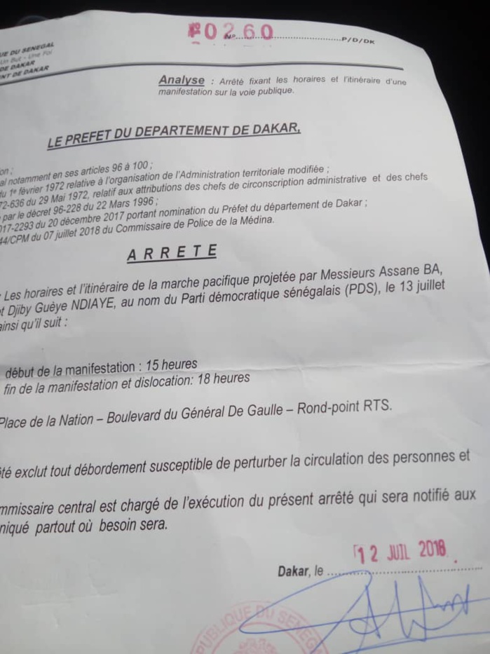 La marche de l’opposition autorisée par le Préfet de Dakar (DOCUMENT) La marche de l’opposition autorisée par le Préfet de Dakar (DOCUMENT)