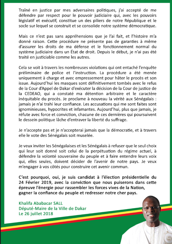 Procès en appel, candidature à la présidentielle : Khalifa Sall parle... (DOCUMENT) Procès en appel, candidature à la présidentielle : Khalifa Sall parle... (DOCUMENT)