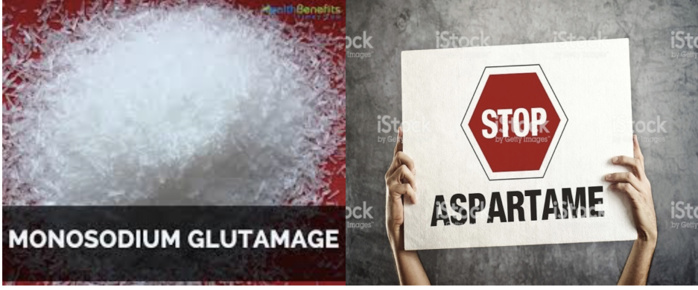 Le glutamate mono sodique (dans les bouillons, chips…), l’aspartame (dans les boissons, yaourts, médicaments…) : deux criminels recrutés par le salé et le sucré. Le glutamate mono sodique (dans les bouillons, chips…), l’aspartame (dans les boissons, yaourts, médicaments…) : deux criminels recrutés par le salé et le sucré.