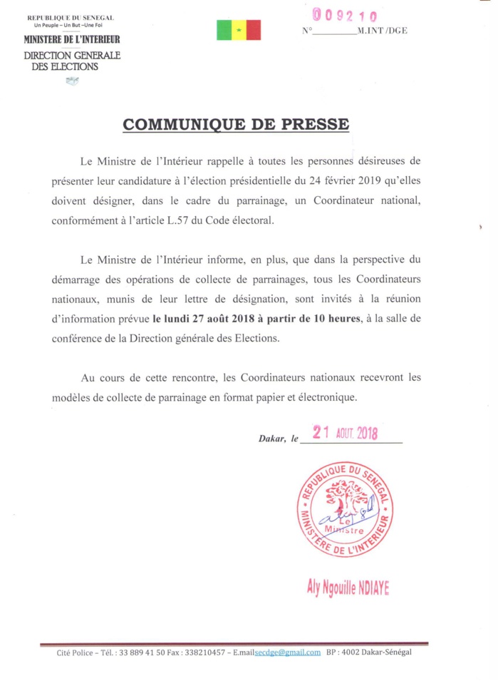 Collecte pour le parrainage : Le ministre de l’Intérieur appelle les candidats à avoir des coordonnateurs nationaux (DOCUMENT) Collecte pour le parrainage : Le ministre de l’Intérieur appelle les candidats à avoir des coordonnateurs nationaux (DOCUMENT)