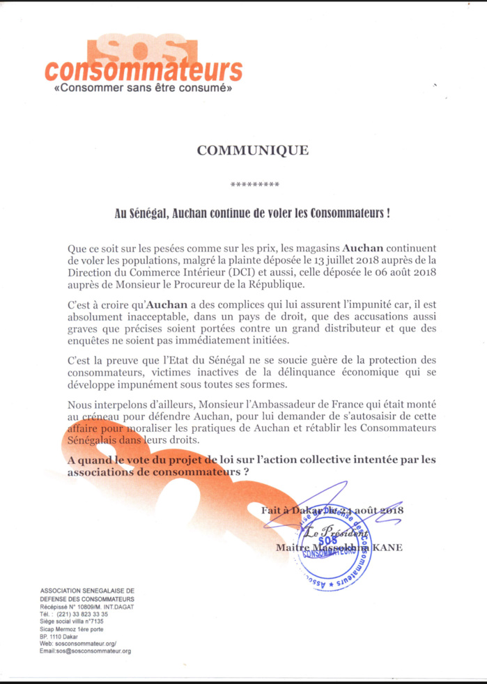 Me Massokhna Kane «&nbsp;SOS CONSOMMATEURS&nbsp;» : «&nbsp;Au Sénégal, Auchan continue de voler ses Consommateurs !&nbsp;» (DOCUMENT)