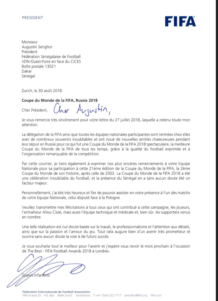 PARTICIPATION A LA COUPE DU MONDE : La lettre de remerciements de la FIFA à la Fédération Sénégalaise de Football (DOCUMENT)
