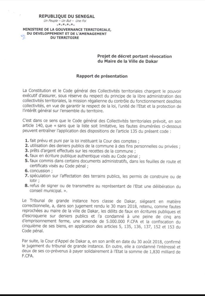 Conséquences du verdict de la Cour d’Appel : Khalifa Sall révoqué de son poste de maire de Dakar (décret) Conséquences du verdict de la Cour d’Appel : Khalifa Sall révoqué de son poste de maire de Dakar (décret)