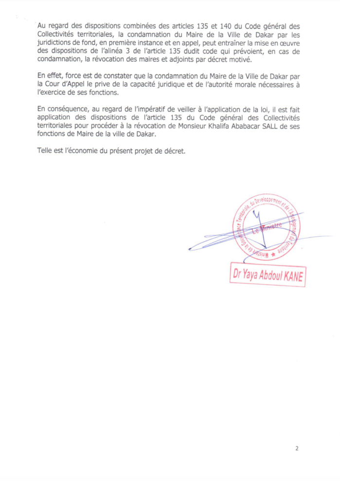 Conséquences du verdict de la Cour d’Appel : Khalifa Sall révoqué de son poste de maire de Dakar (décret) Conséquences du verdict de la Cour d’Appel : Khalifa Sall révoqué de son poste de maire de Dakar (décret)