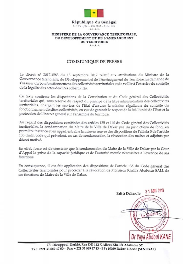 Conséquences du verdict de la Cour d’Appel : Khalifa Sall révoqué de son poste de maire de Dakar (décret)