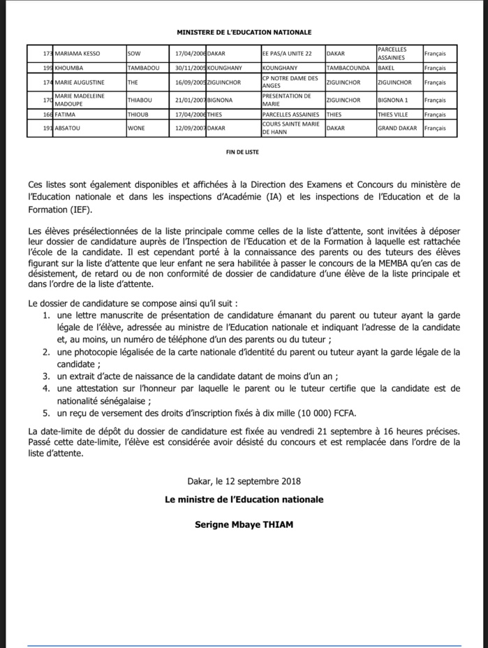 Concours d’entrée à la Maison d’Education Mariama BA de Gorée : liste des 150 élèves présélectionnées (DOCUMENTS)