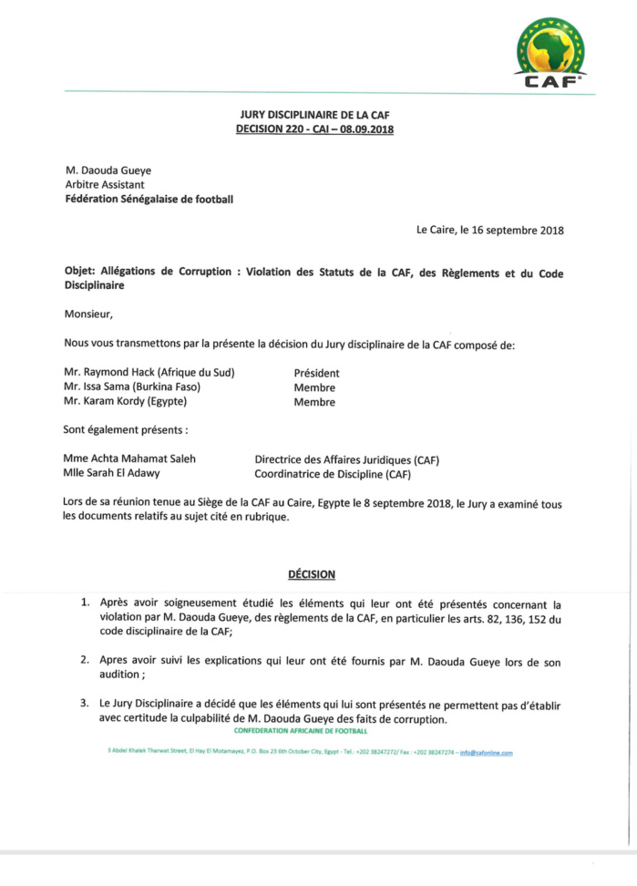 Allégations de corruption : La CAF a levé la suspension de l'arbitre sénégalais Daouda Guèye