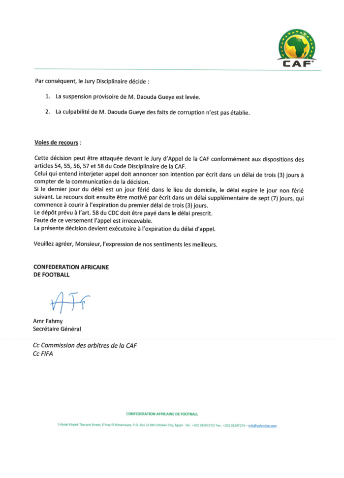 Allégations de corruption : La CAF a levé la suspension de l'arbitre sénégalais Daouda Guèye