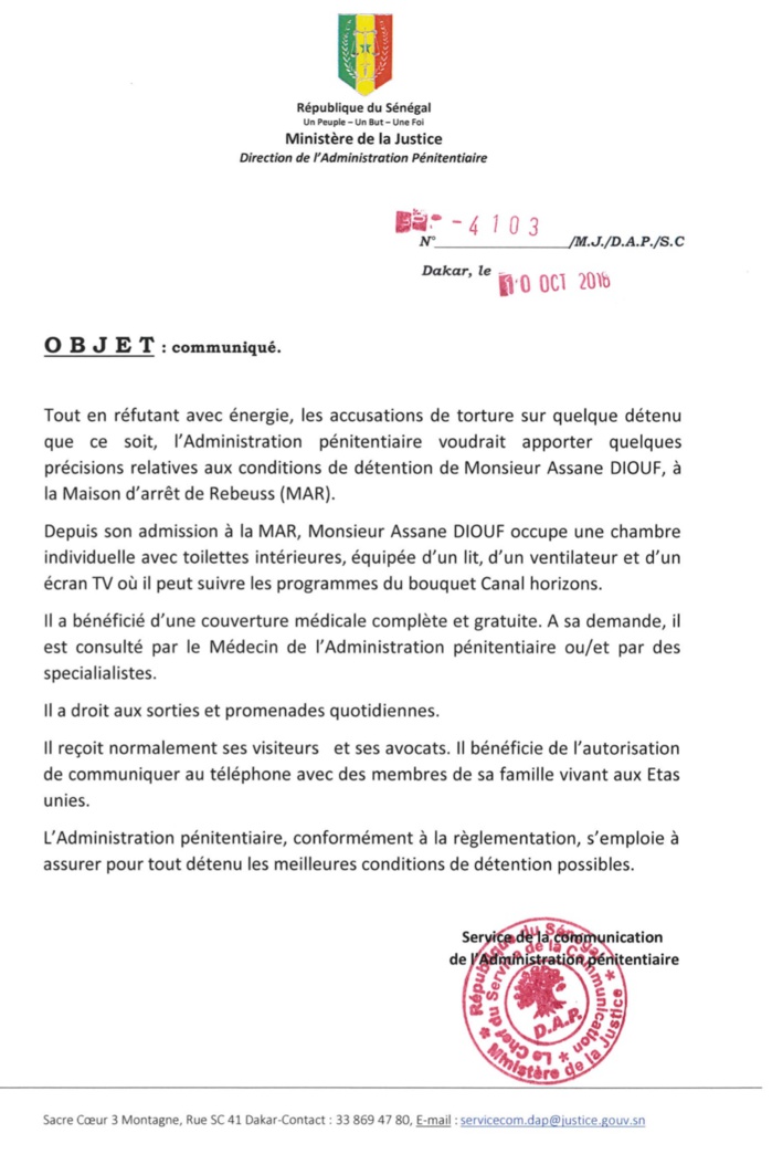 Détention Assane Diouf : La DAP réfute les accusations de torture et révèle Détention Assane Diouf : La DAP réfute les accusations de torture et révèle