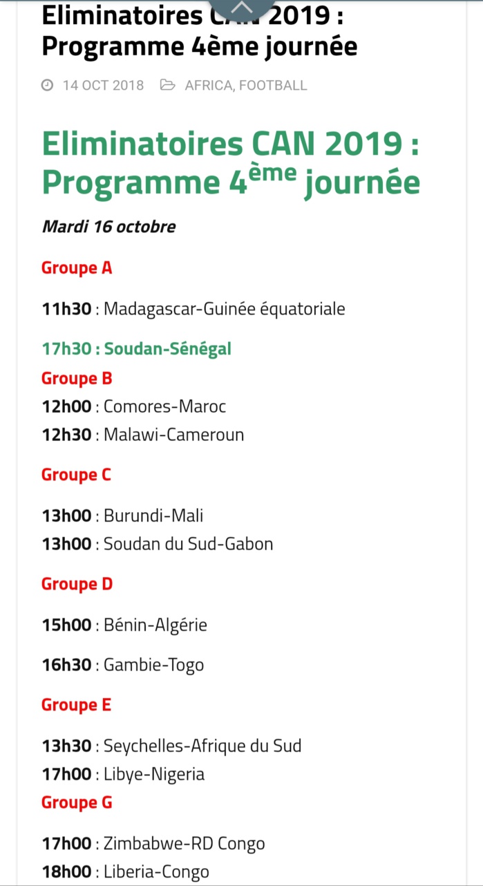 Éliminatoires CAN 2019 : Programme complet des matchs de la 4e journée