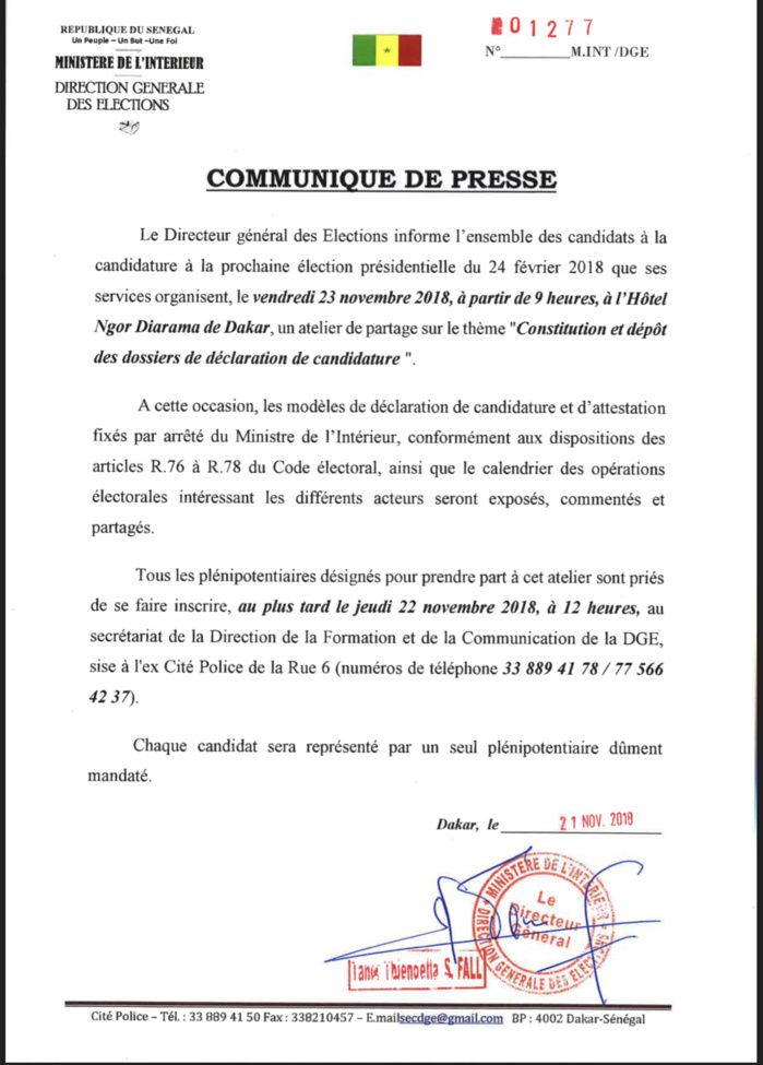 Présidentielle 2019 : La direction des Élections organise un atelier de partage pour informer le calendrier électoral aux candidats déclarés Présidentielle 2019 : La direction des Élections organise un atelier de partage pour informer le calendrier électoral aux candidats déclarés