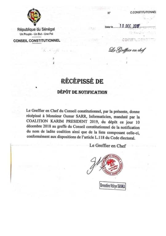 Conseil constitutionnel : Karim Wade a reçu son récépissé de dépôt de candidature