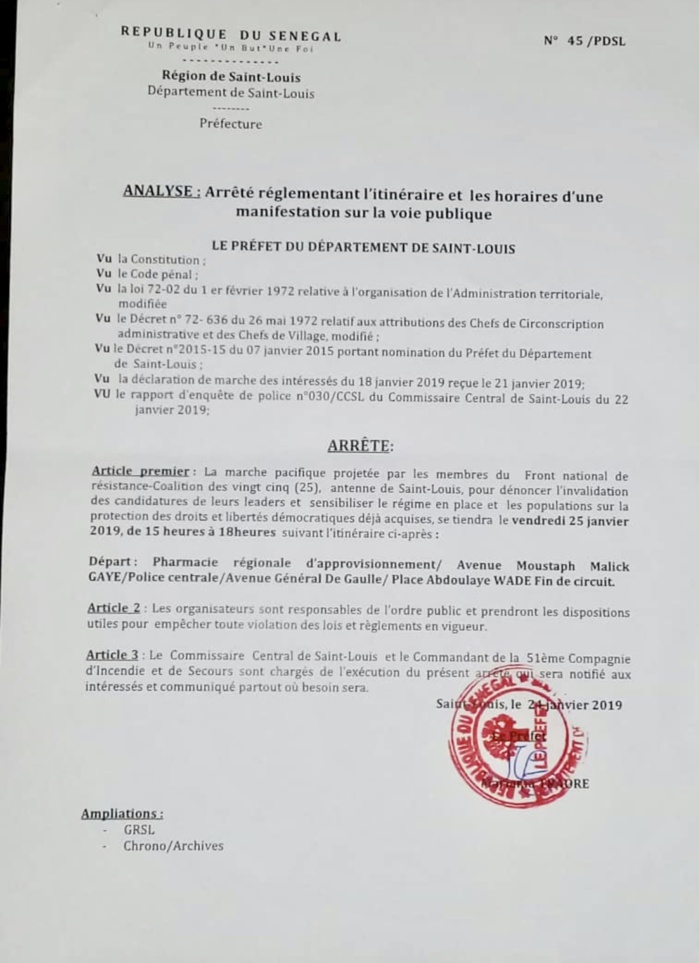 Saint-Louis : La marche de l'opposition prévue ce vendredi autorisée par le préfet Saint-Louis : La marche de l'opposition prévue ce vendredi autorisée par le préfet