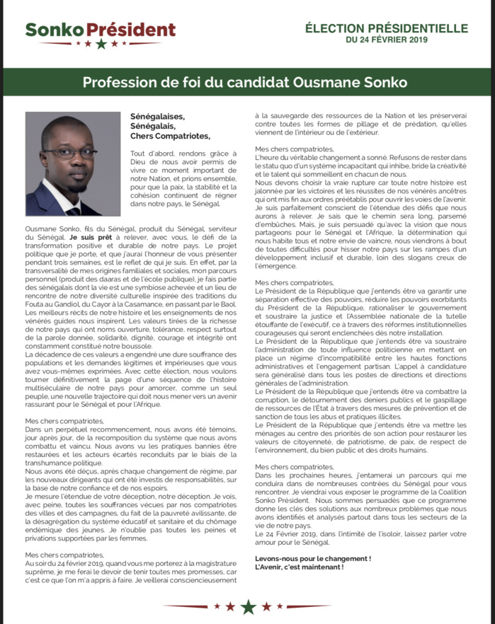 Présidentielle 2019 : Profession de foi du candidat Ousmane Sonko (DOCUMENT)