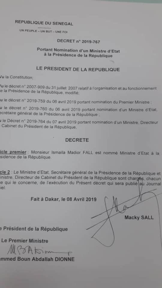 Gouvernement : Ismaila Madior Fall nommé ministre d’Etat à la présidence (DOCUMENT)