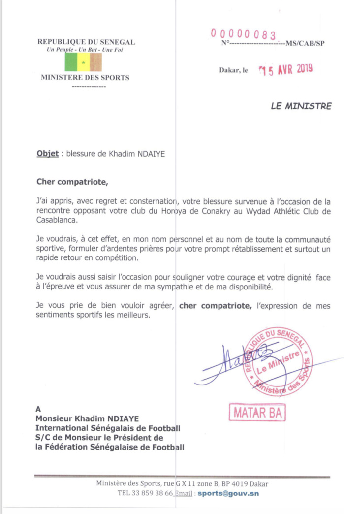 Blessure de Khadim Ndiaye : Le ministre des Sports avait réagi  par le biais d’une lettre datée du 15 avril 2019 (Document)