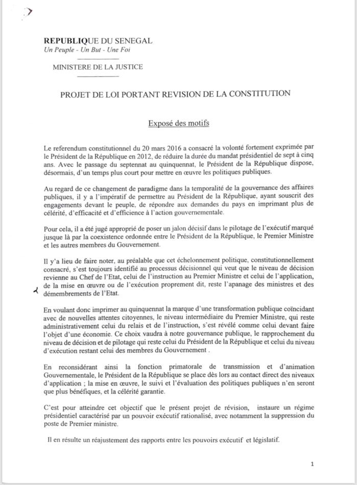 Projet de loi portant révision de la Constitution au Sénégal : Ce qui va changer (DOCUMENT)