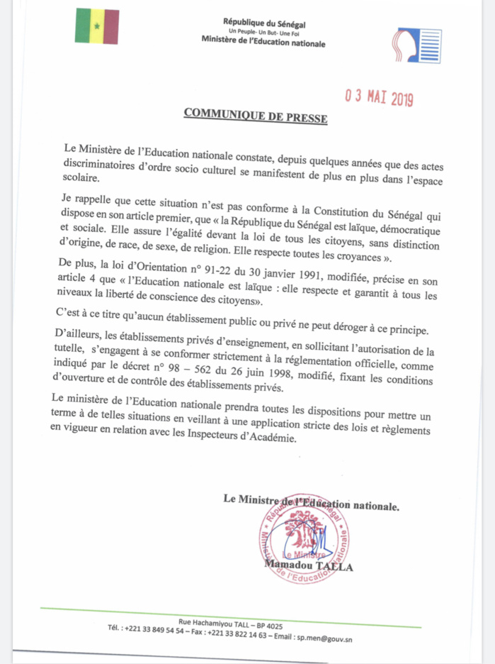 Actes discriminatoires d’ordre socio-culturel dans les écoles : Le Ministère de l’Education nationale menace et précise (DOCUMENT)