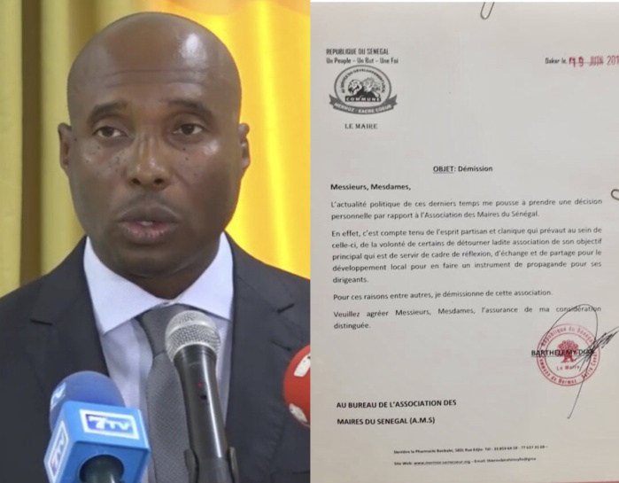 Lettre de démission du Maire Barthélémy DIAS adressée au bureau de l'association des Maires du Sénégal (DOCUMENT)