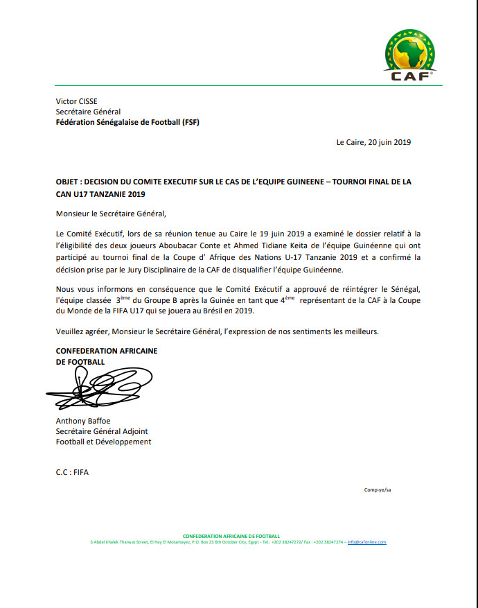 CAN U17 / Fraude sur l'âge : La CAF confirme la sanction contre la Guinée, le Sénégal réintégré parmi les qualifiés au mondial U17 (Document)