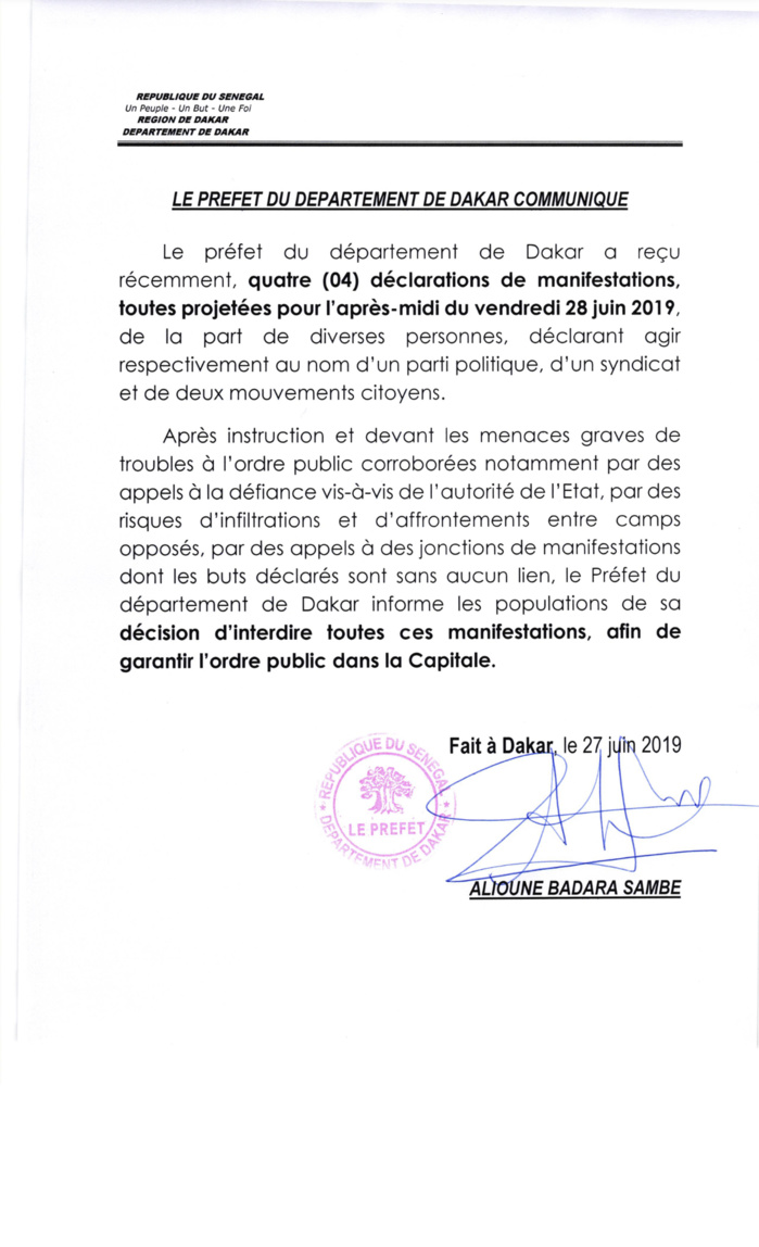 Toutes les manifestations prÃÂ©vues demain ÃÂ  la Place de lÃÂ  Nation sont interdites par le PrÃÂ©fet de Dakar (DOCUMENT)
