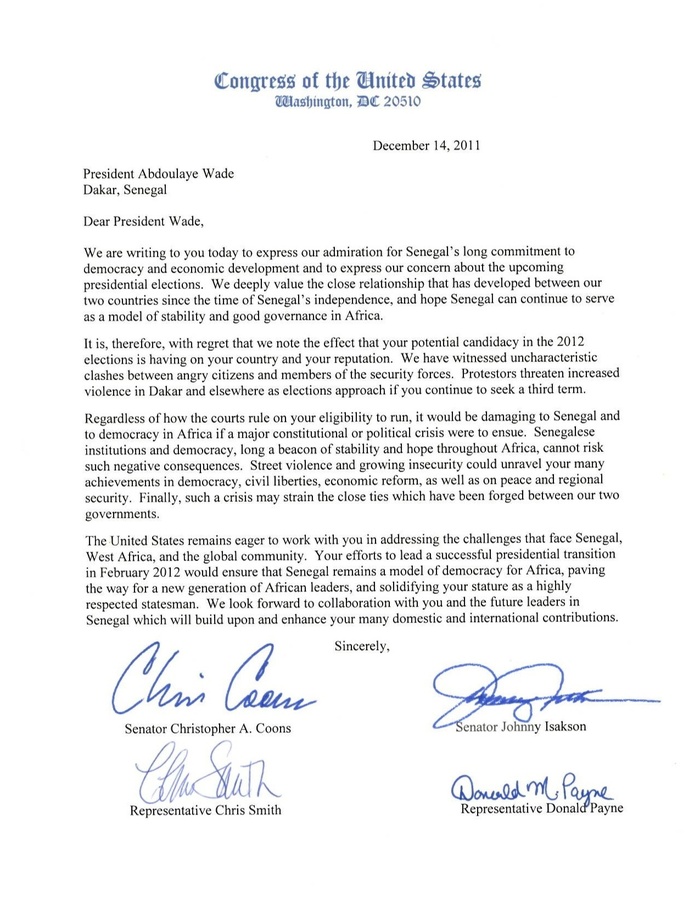 Voici la lettre du Congrès américain qui invalide la candidature de Wade et le met en garde