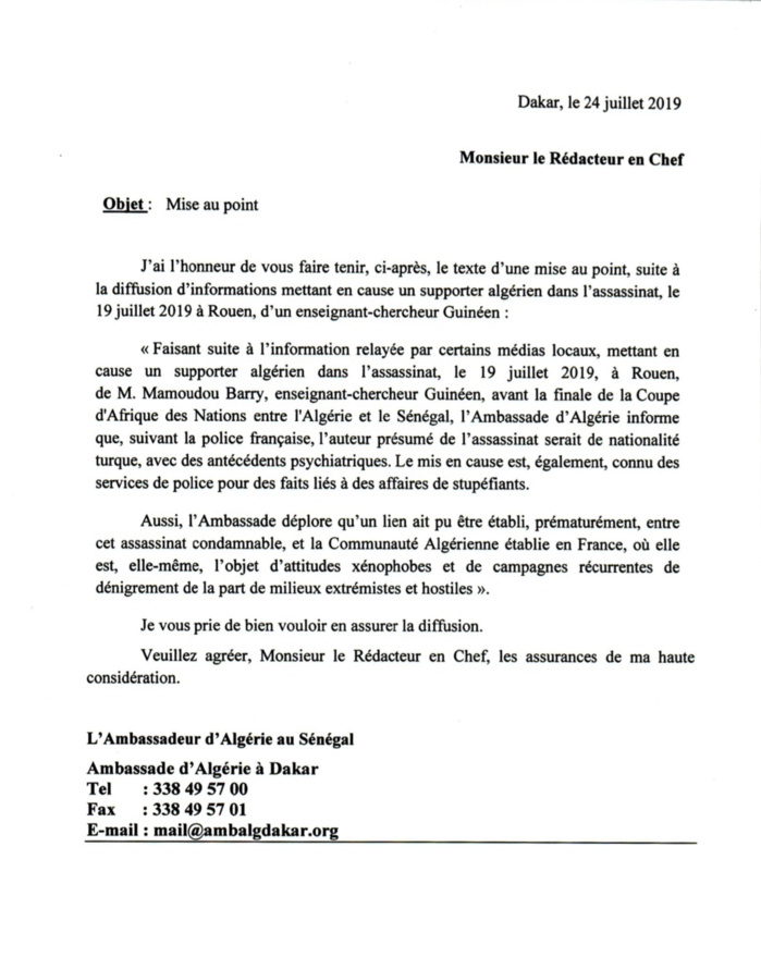 Meurtre de Mamadou Barry ÃÂ  Rouen en France : Les prÃÂ©cisions de lÃ¢ÂÂAmbassade de lÃ¢ÂÂAlgÃÂ©rie au SÃÂ©nÃÂ©gal. (DOCUMENT)