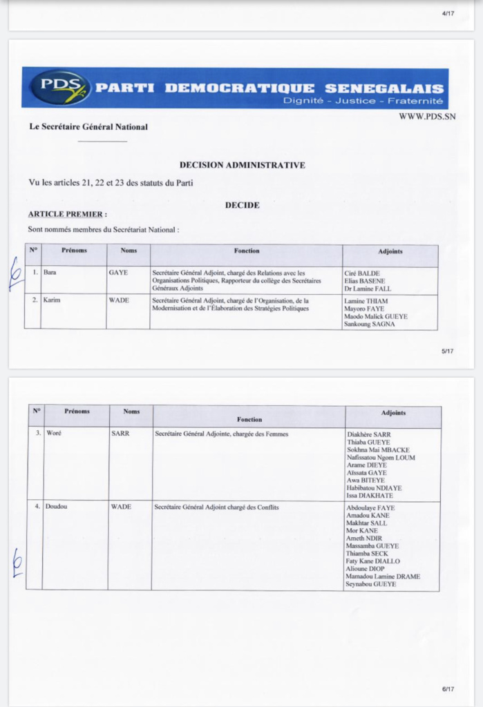PDS / Wade forme un nouveau Secrétariat National : Karim Wade en pôle position, Oumar Sarr et Cie virés (DOCUMENTS) PDS / Wade forme un nouveau Secrétariat National : Karim Wade en pôle position, Oumar Sarr et Cie virés (DOCUMENTS)