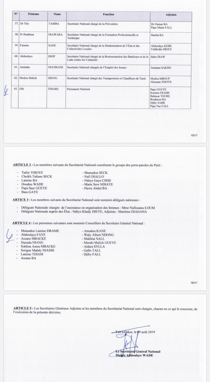 PDS / Wade forme un nouveau Secrétariat National : Karim Wade en pôle position, Oumar Sarr et Cie virés (DOCUMENTS) PDS / Wade forme un nouveau Secrétariat National : Karim Wade en pôle position, Oumar Sarr et Cie virés (DOCUMENTS)