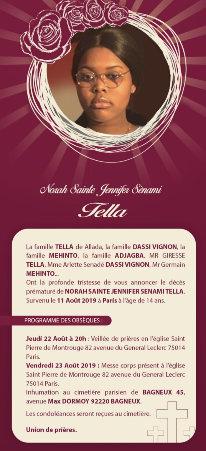 Paris : Le programme des obsèques de Norah Sainte Jennifer Senami Tella.