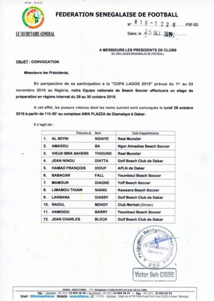 Beach soccer / Copa Lagos 2019 : Ngalla Sylla convoque 12 lions à Diamalaye (document)