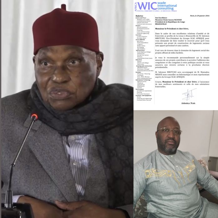 Auteur d’une lettre de recommandation de Salomon Mbutcho à Denis Sassou Nguesso, Me Wade actionnaire ou président de Scac Afrique ? Auteur d’une lettre de recommandation de Salomon Mbutcho à Denis Sassou Nguesso, Me Wade actionnaire ou président de Scac Afrique ?