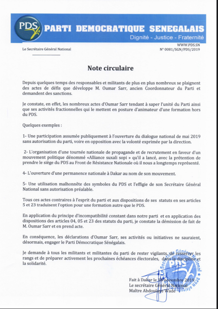 PDS : Me Wade se démarque des sorties de Oumar Sarr et sanctionne... (DOCUMENT) PDS : Me Wade se démarque des sorties de Oumar Sarr et sanctionne... (DOCUMENT)