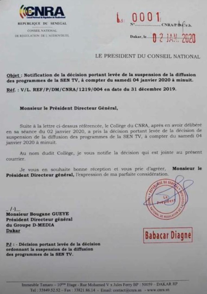 Médiation : Levée de la suspension des programmes de la SEN TV ce Samedi Médiation : Levée de la suspension des programmes de la SEN TV ce Samedi