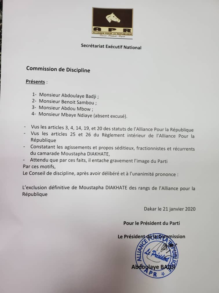 Urgent : Moustapha Diakhaté exclu de l’APR (DOCUMENT)