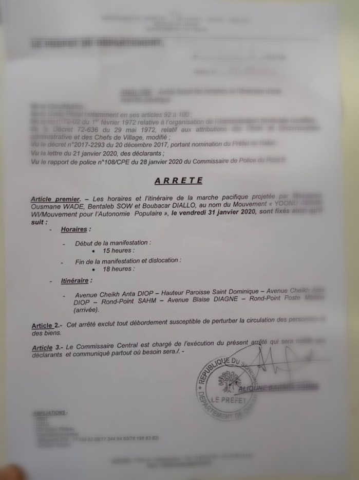 Manif du 31 Janvier 2020 : Le préfet autorise la marche de Nio Lank. (Document)