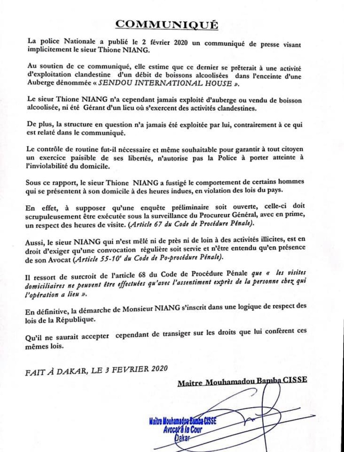 AFFAIRE THIONE NIANG : Me Bamba Cissé dément le communiqué de la Police et précise... (DOCUMENT) AFFAIRE THIONE NIANG : Me Bamba Cissé dément le communiqué de la Police et précise... (DOCUMENT)