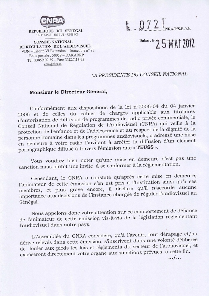 Voici la mise en demeure que le CNRA a envoyée au directeur de Zik.fm.