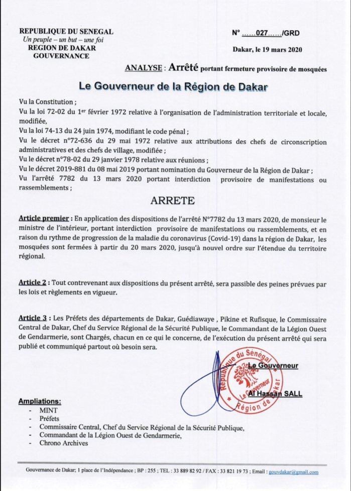COVID-19 : Le Gouverneur de Dakar ferme toutes les mosquées à partir de demain. (DOCUMENT)