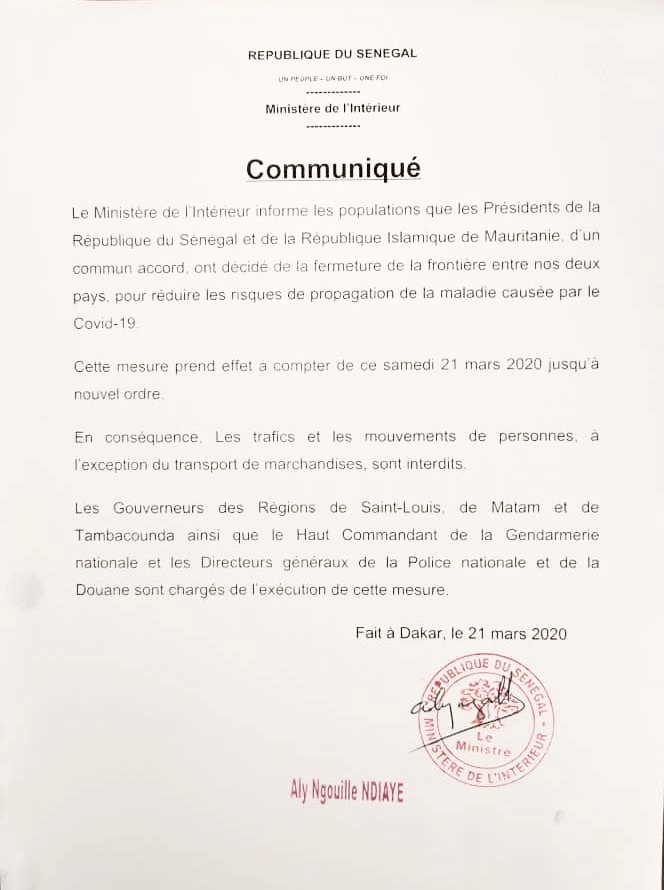 COVID-19 : Le Sénégal ferme ses frontières avec la Mauritanie. (DOCUMENT)