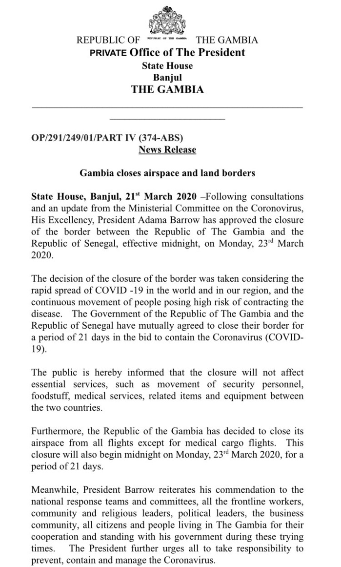 Covid 19 : Fermeture de la frontière entre la Gambie et le Sénégal ce lundi à minuit