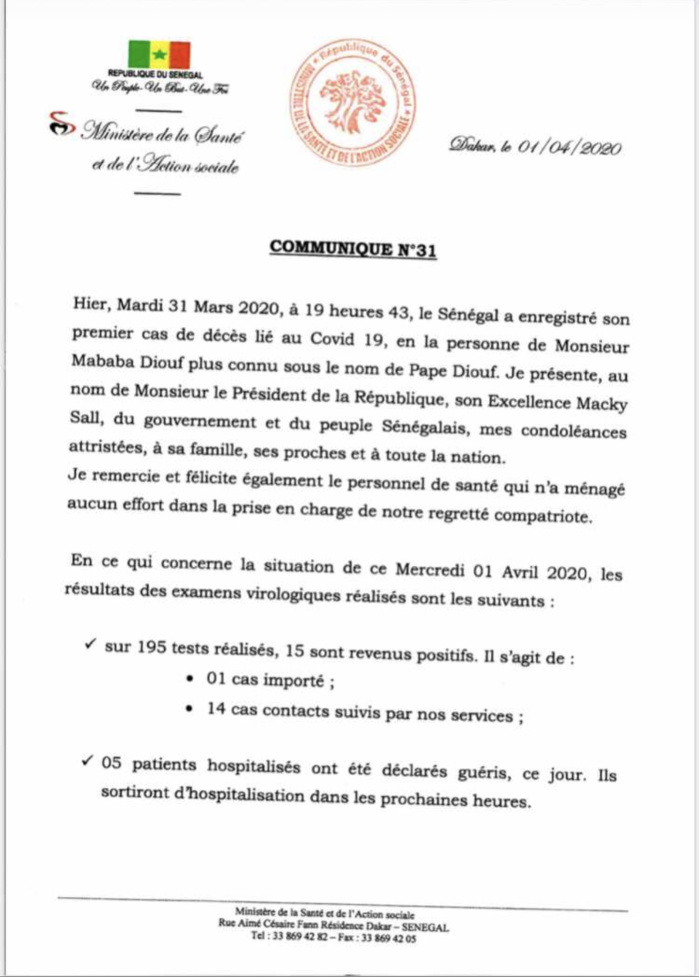 Institut Pasteur de Dakar : 15 nouveaux cas testés positifs au coronavirus, 5 nouveaux guéris.