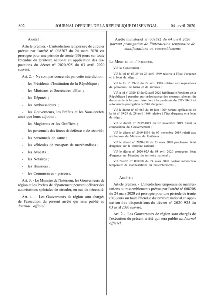 COVID-19 / État d’urgence et couvre-feu : Le décret présidentiel et les arrêtés ministériels prorogeant les durées. (DOCUMENTS)
