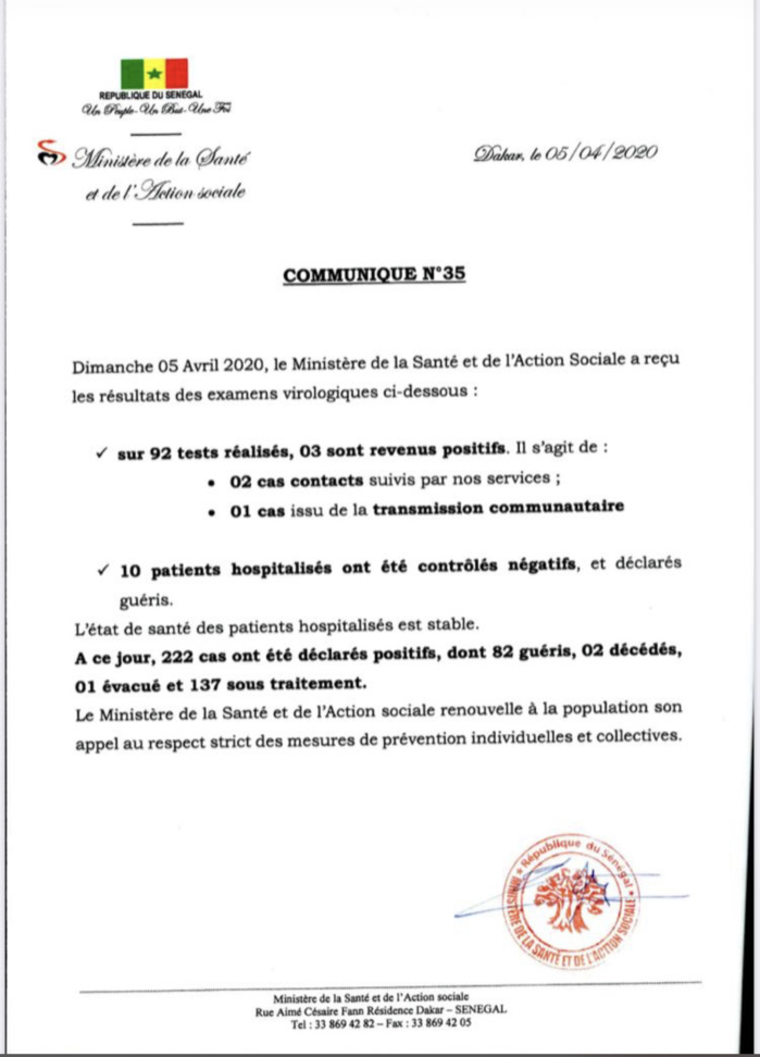Institut Pasteur : 3 nouveaux cas testés positifs au coronavirus, 10 nouveaux guéris.