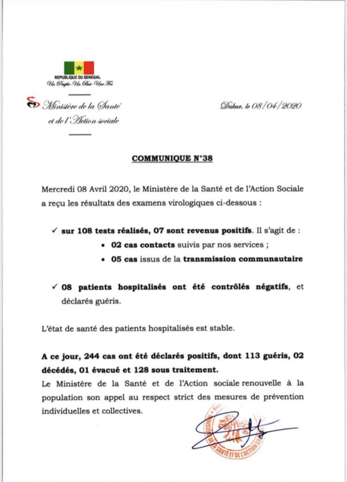 Institut Pasteur : 7 nouveaux cas testés positifs au coronavirus, 8 nouveaux guéris.