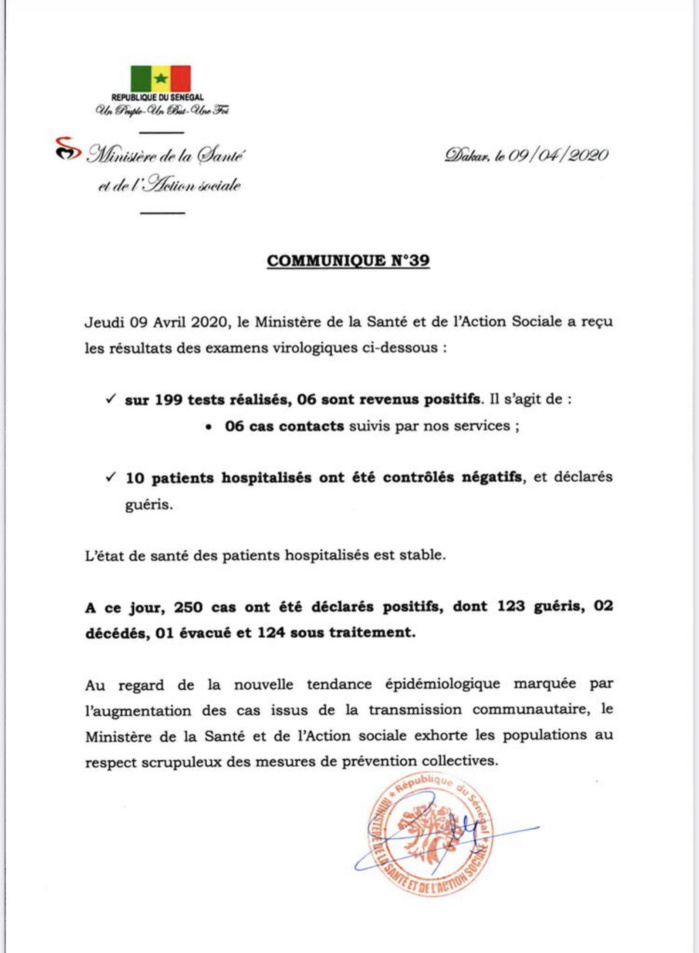 Institut Pasteur : 6 nouveaux cas testés positifs au coronavirus, 10 nouveaux guéris.